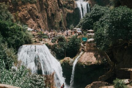 Water cascading over the rocks at the Ouzoud Waterfalls